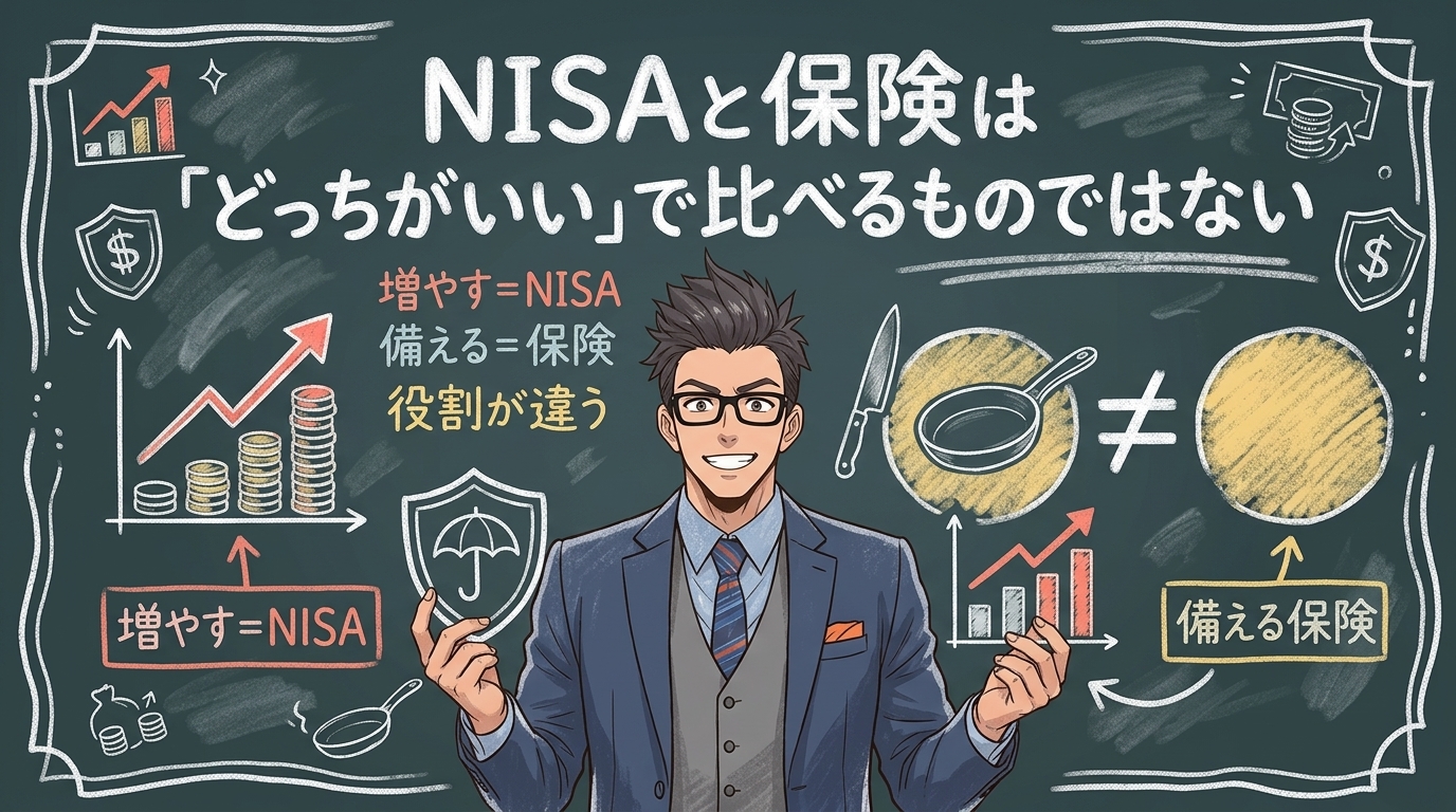 包丁とフライパン、比べてどうする?について増やす=NISAや備える=保険や役割が違うなどの要素を描いたイラスト
