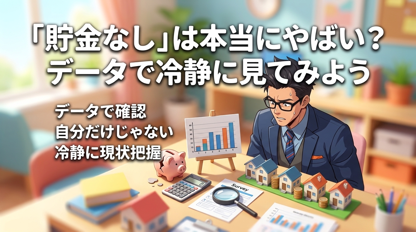 貯金ゼロの真実についてデータで確認や自分だけじゃないや冷静に現状把握などの要素を描いたイラスト