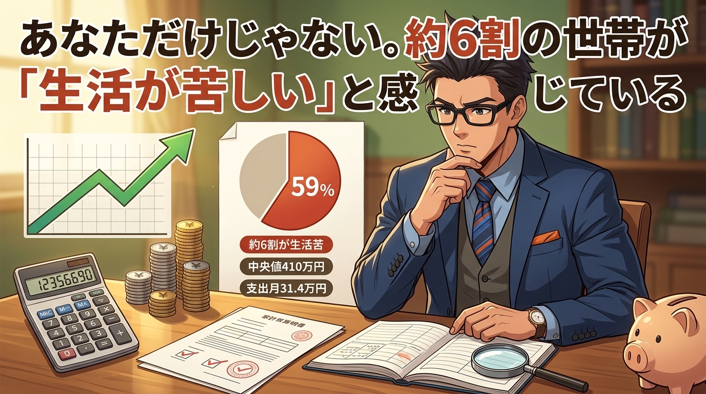 苦しいのは、あなただけじゃないについて約6割が生活苦や中央値410万円や支出月31.4万円などの要素を描いたイラスト