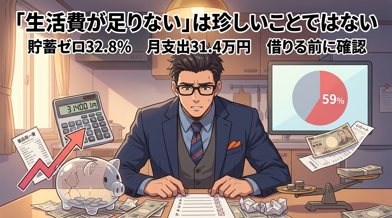 6割が苦しい現実について貯蓄ゼロ32.8%や月支出31.4万円や借りる前に確認などの要素を描いたイラスト