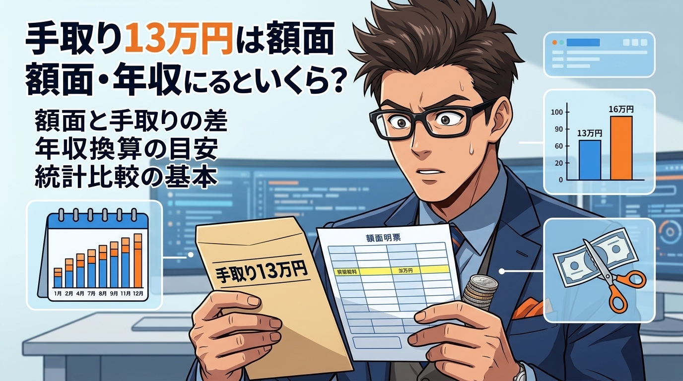 その手取り、額面だといくらか知ってる?について額面と手取りの差や年収換算の目安や統計比較の基本などの要素を描いたイラスト