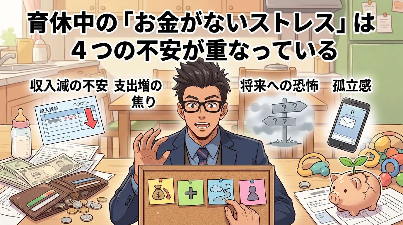 その不安、分ければ怖くないについて収入減の不安や支出増の焦りや将来への恐怖などの要素を描いたイラスト