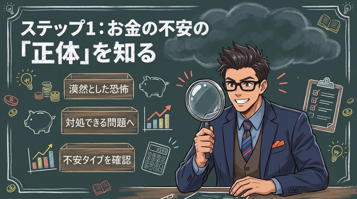 その不安、正体がわかれば怖くないについて漠然とした恐怖や対処できる問題へや不安タイプを確認などの要素を描いたイラスト