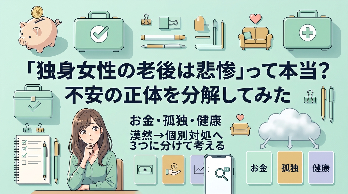 その不安、分解すれば怖くないについてお金・孤独・健康や漠然→個別対処へや3つに分けて考えるなどの要素を描いたイラスト