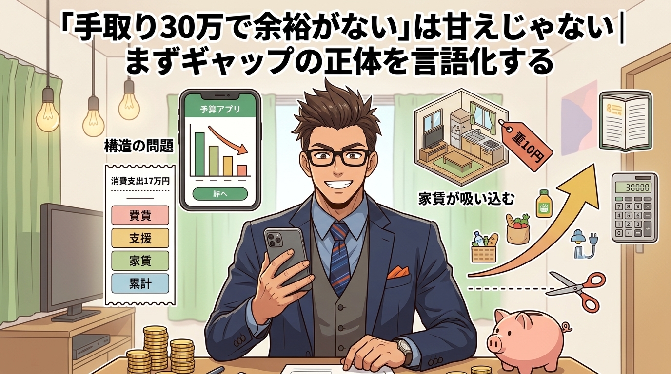 余裕がない正体について構造の問題や消費支出17万円や家賃が吸い込むなどの要素を描いたイラスト