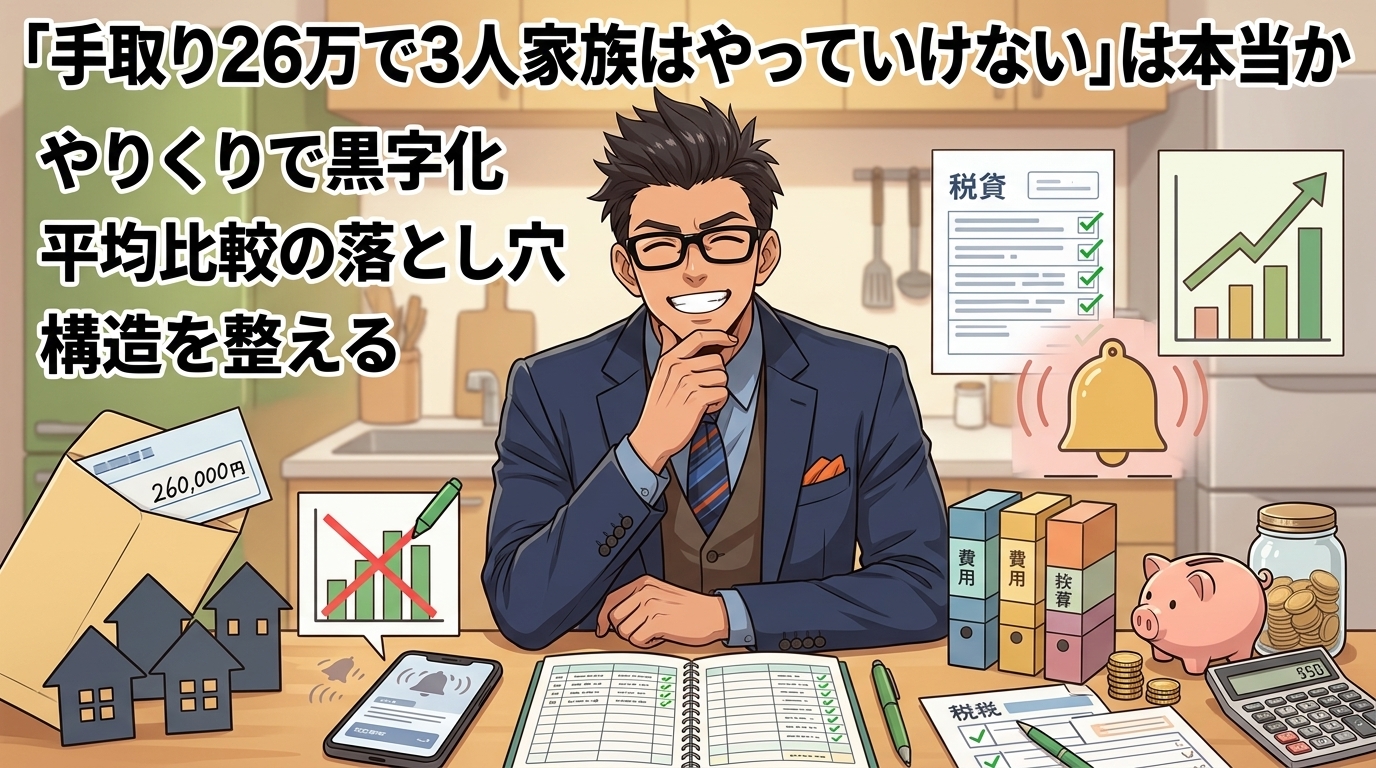 平均支出との比較に騙されないでについてやりくりで黒字化や平均比較の落とし穴や構造を整えるなどの要素を描いたイラスト