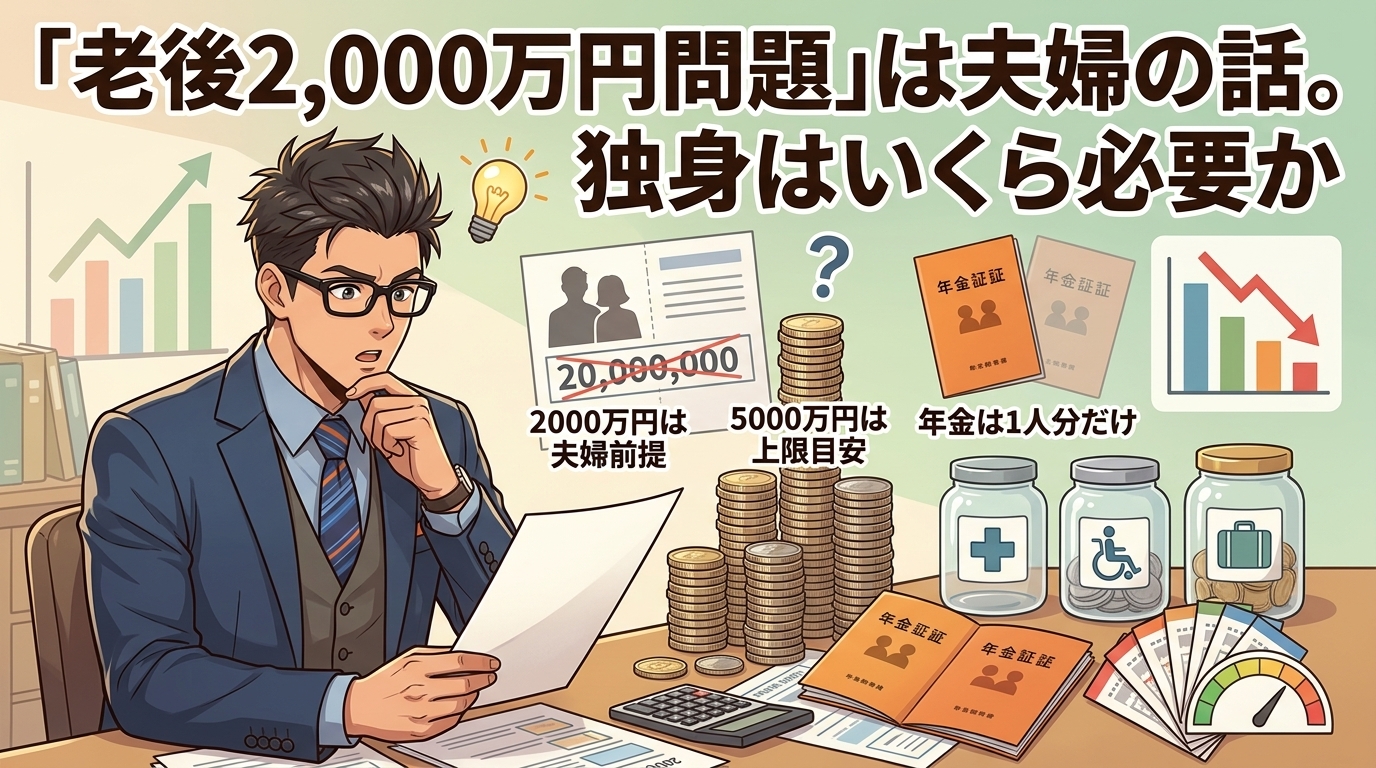 独身の正解はいくら?について2000万円は夫婦前提や5000万円は上限目安や年金は1人分だけなどの要素を描いたイラスト