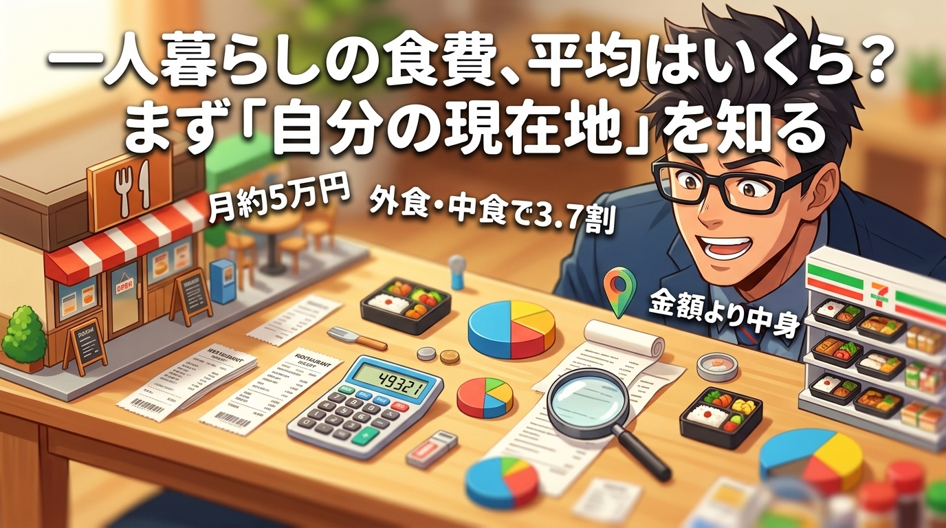 食費の現在地について月約5万円や外食・中食で3.7割や金額より中身などの要素を描いたイラスト