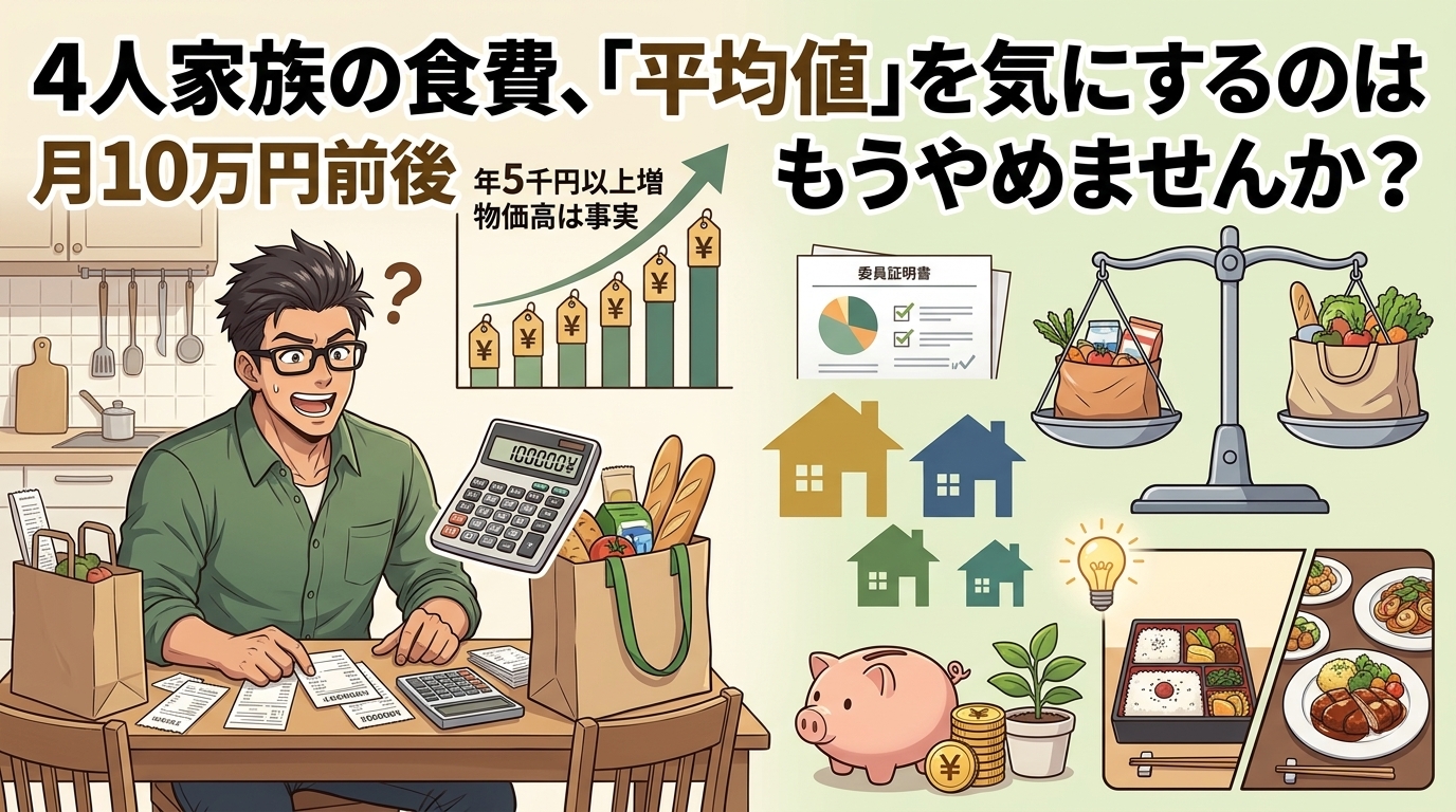 平均値のワナについて月10万円前後や年5千円以上増や物価高は事実などの要素を描いたイラスト