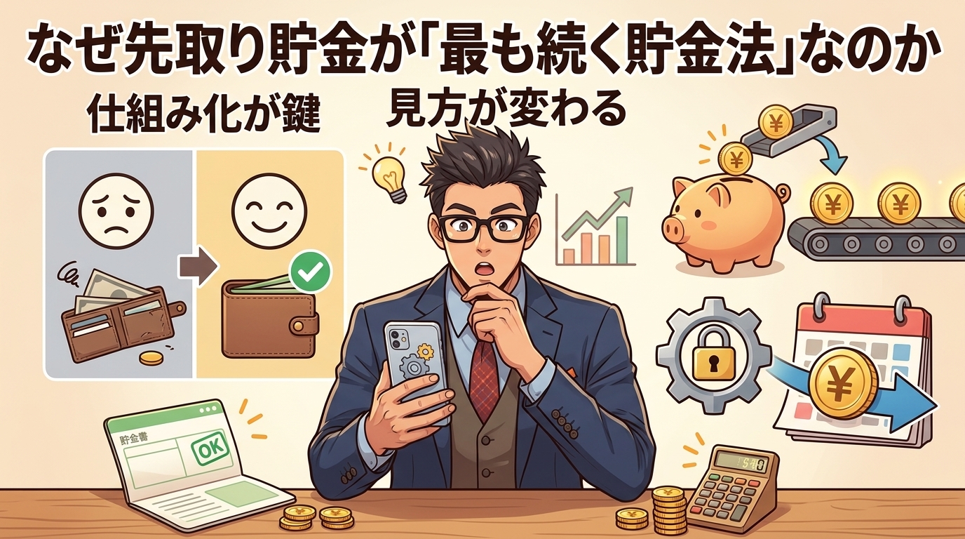 なぜ先取り貯金が「最も続く貯金法」なのかについて説明するイラスト