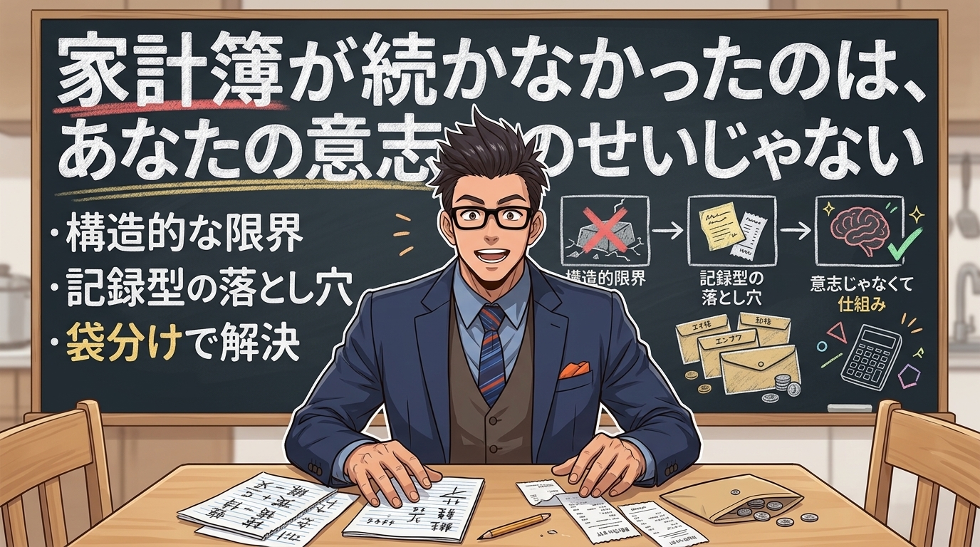 続かない本当の理由について構造的な限界や記録型の落とし穴や袋分けで解決などの要素を描いたイラスト