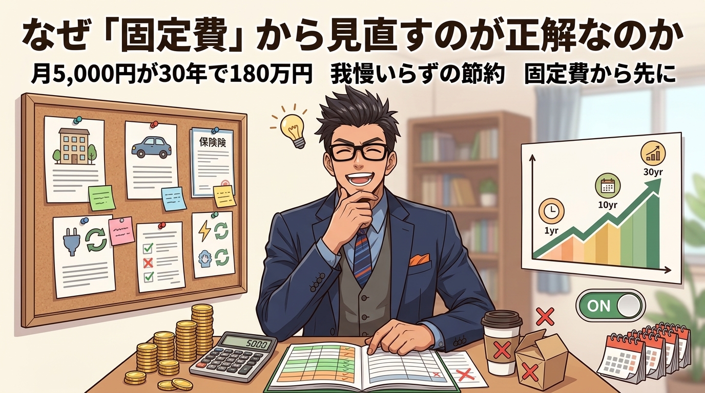 一度で毎月効くについて月5,000円→年6万円や我慢いらずや固定費が先などの要素を描いたイラスト