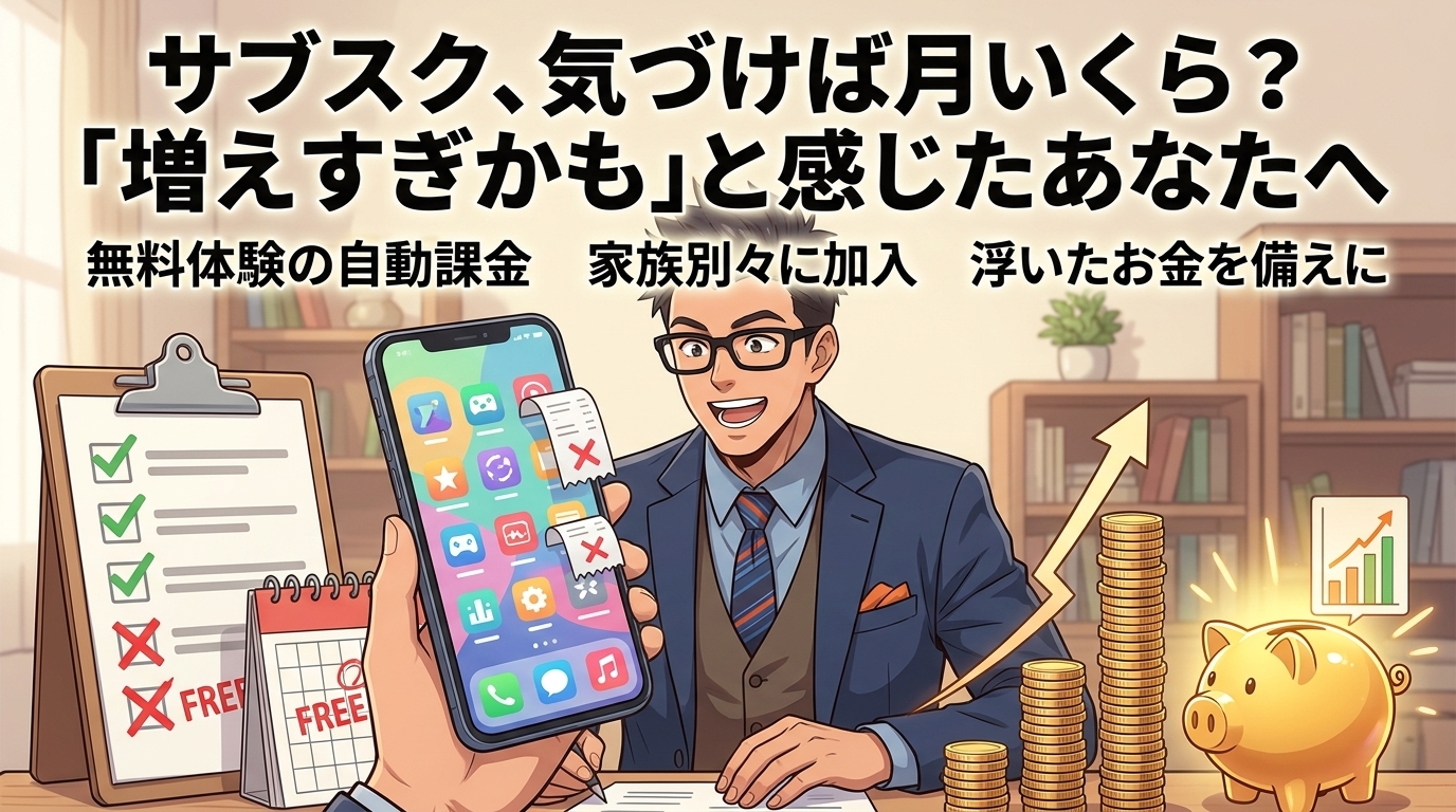 月1万円超えてた…仕組みで整理が正解について無料体験の自動課金や家族別々に加入や浮いたお金を備えになどの要素を描いたイラスト