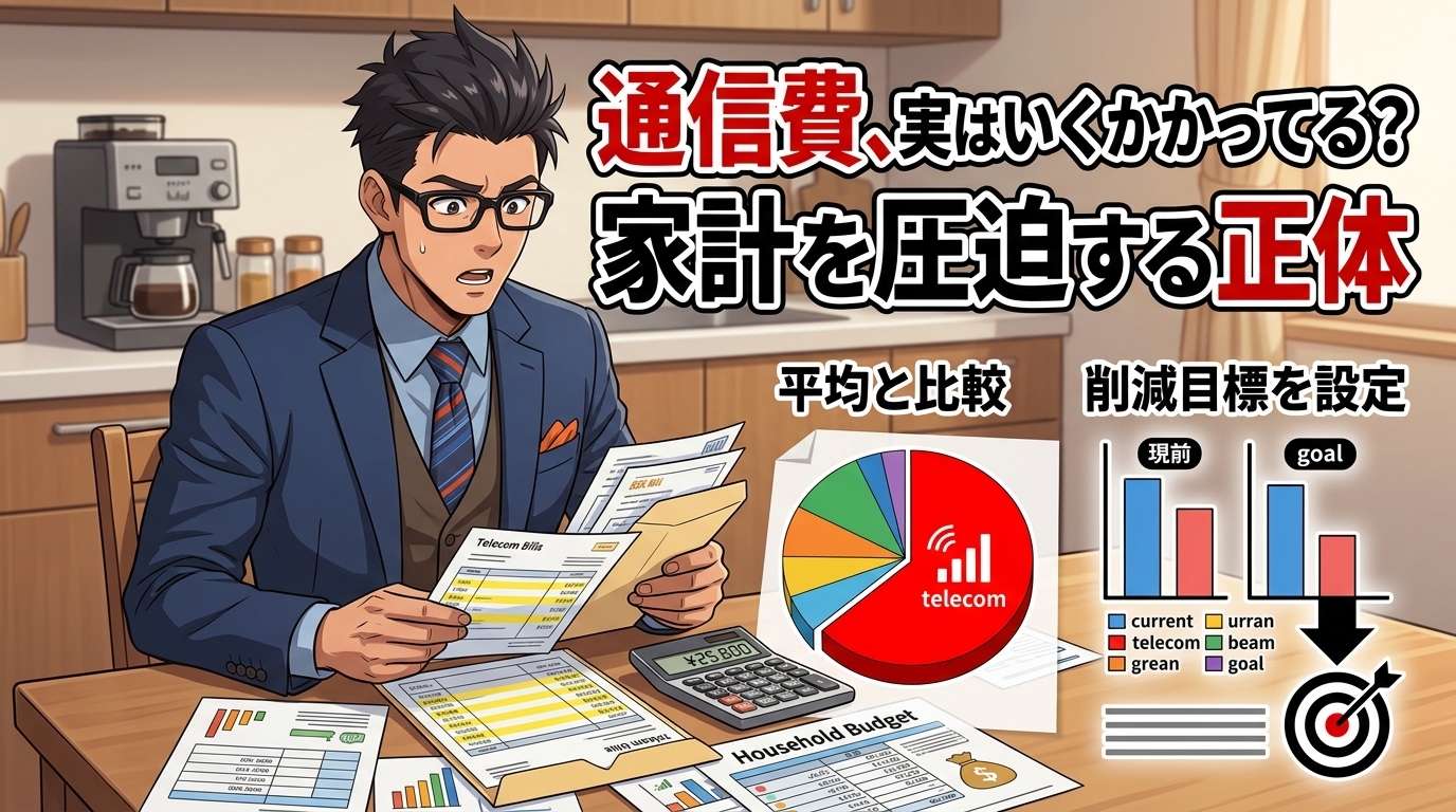 見えない固定費について平均と比較や削減目標を設定などの要素を描いたイラスト