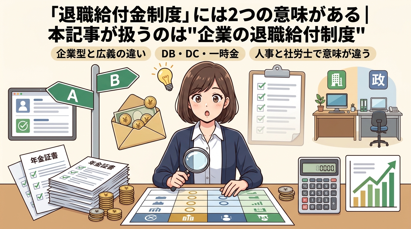 2つの退職金、違い分かる?について企業型と広義の違いやDB・DC・一時金や人事と社労士で意味が違うなどの要素を描いたイラスト