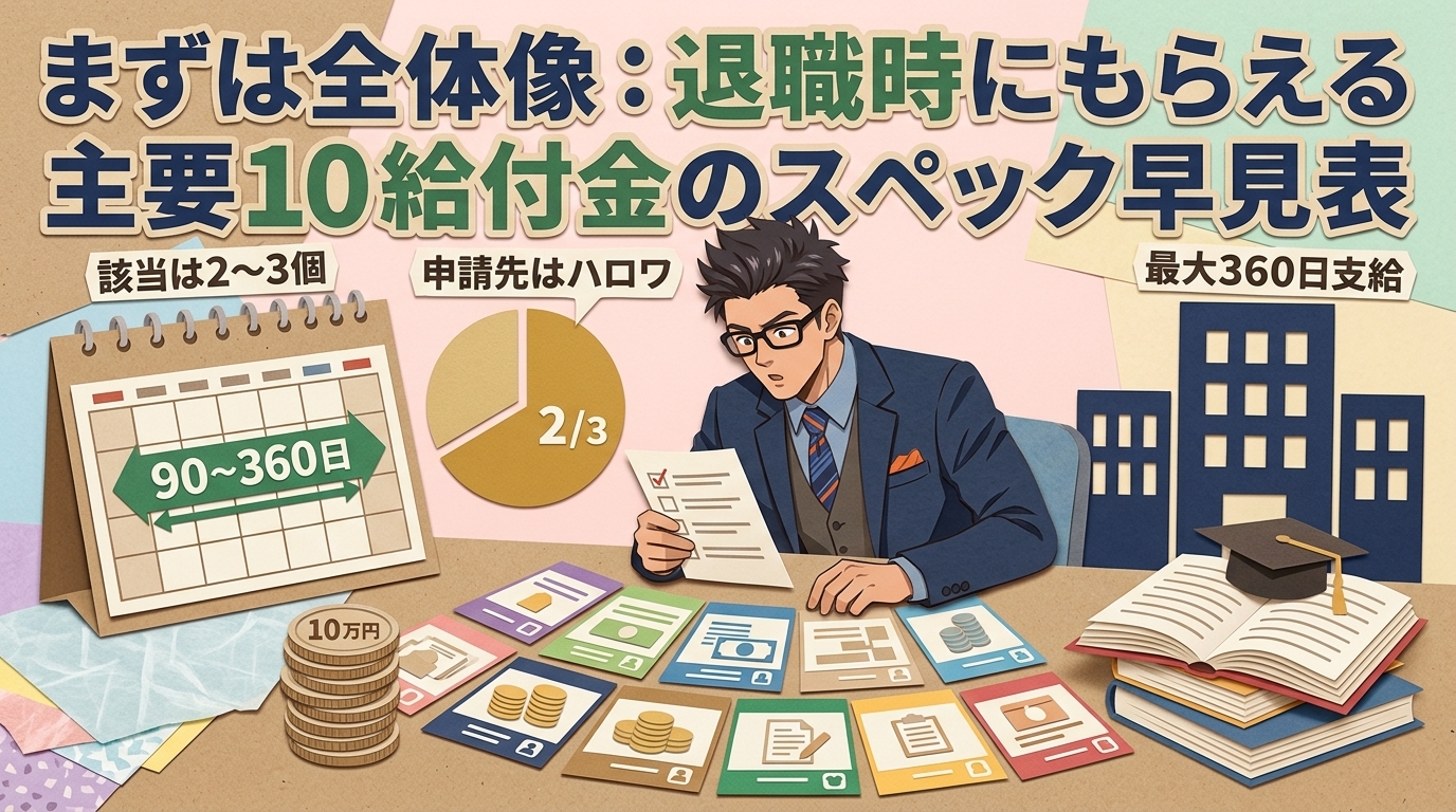 退職で使える10の制度について該当は2〜3個や申請先はハロワや最大360日支給などの要素を描いたイラスト