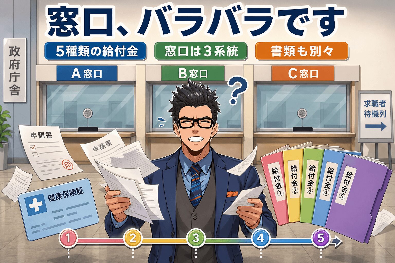窓口、バラバラですについて5種類の給付金や窓口は3系統や書類も別々などの要素を描いたイラスト