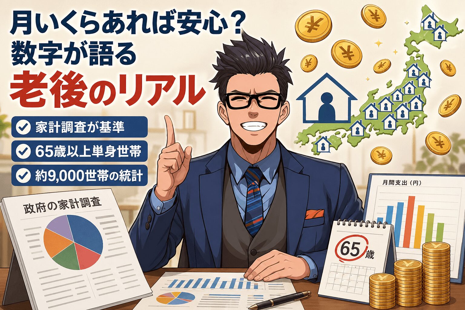 月いくらあれば安心?数字が語る老後のリアルについて家計調査が基準や65歳以上単身世帯や約9,000世帯の統計などの要素を描いたイラスト