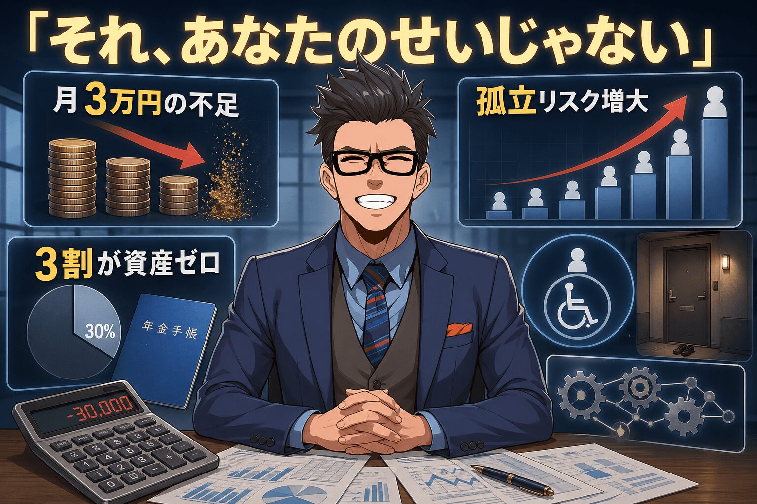 それ、あなたのせいじゃないについて月3万円の不足や3割が資産ゼロや孤立リスク増大などの要素を描いたイラスト