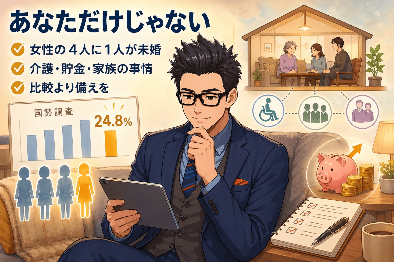 あなただけじゃないについて女性の4人に1人が未婚や介護・貯金・家族の事情や比較より備えをなどの要素を描いたイラスト