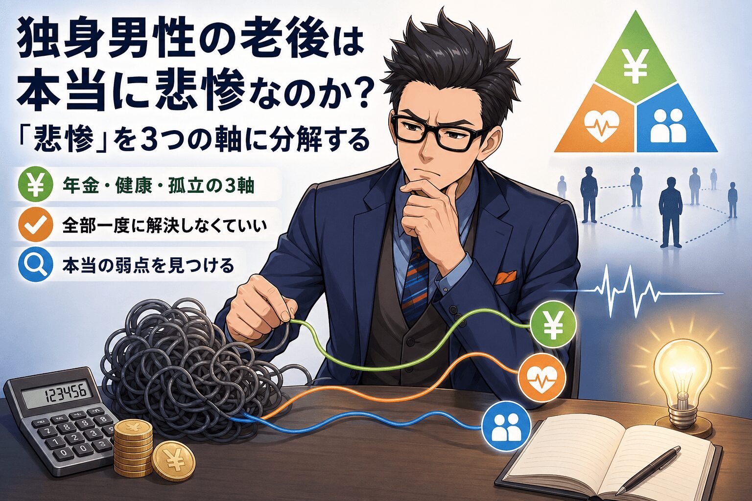 不安は分解すれば怖くないについて年金・健康・孤立の3軸や全部一度に解決しなくていいや本当の弱点を見つけるなどの要素を描いたイラスト