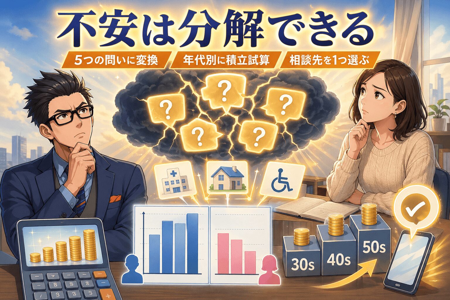 不安は分解できるについて5つの問いに変換や年代別に積立試算や相談先を1つ選ぶなどの要素を描いたイラスト