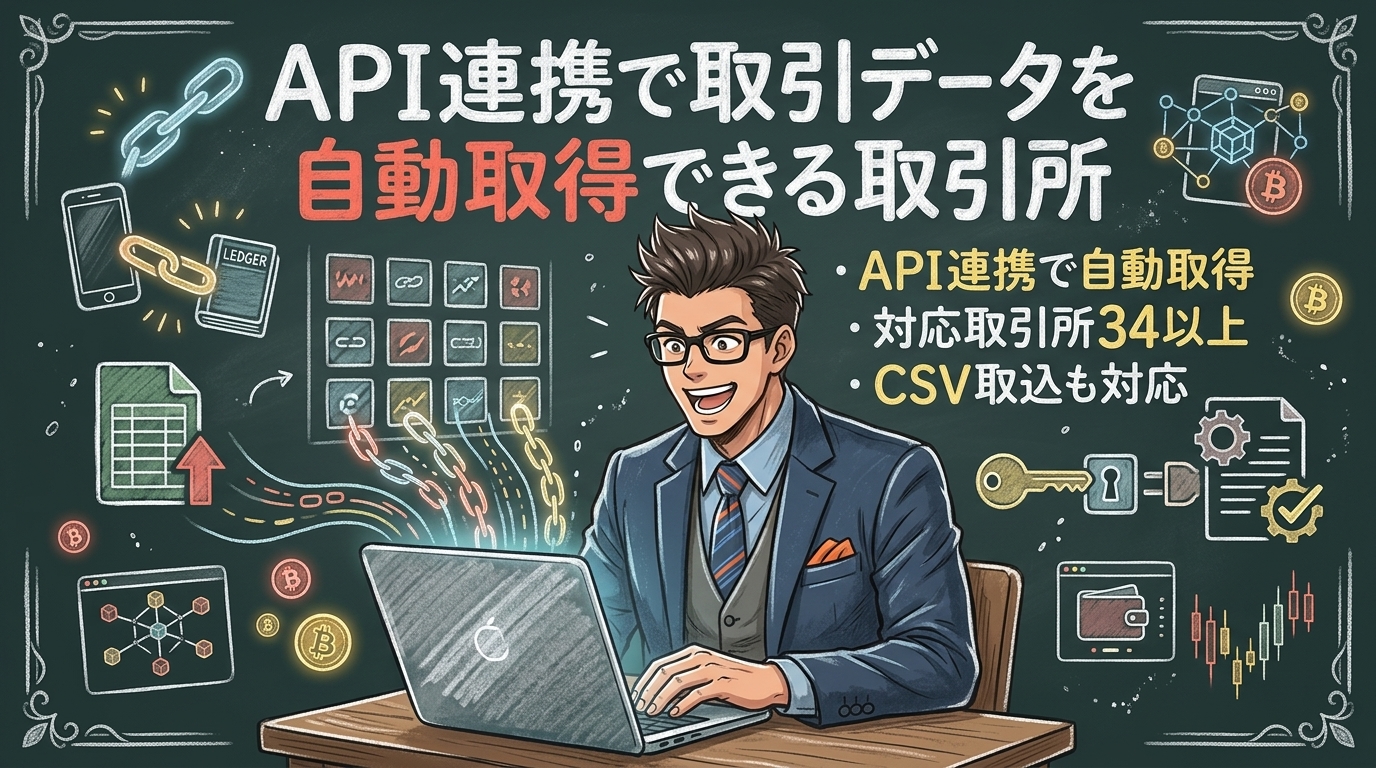 取引データ、まだ手動で入力してる?についてAPI連携で自動取得や対応取引所34以上やCSV取込も対応などの要素を描いたイラスト