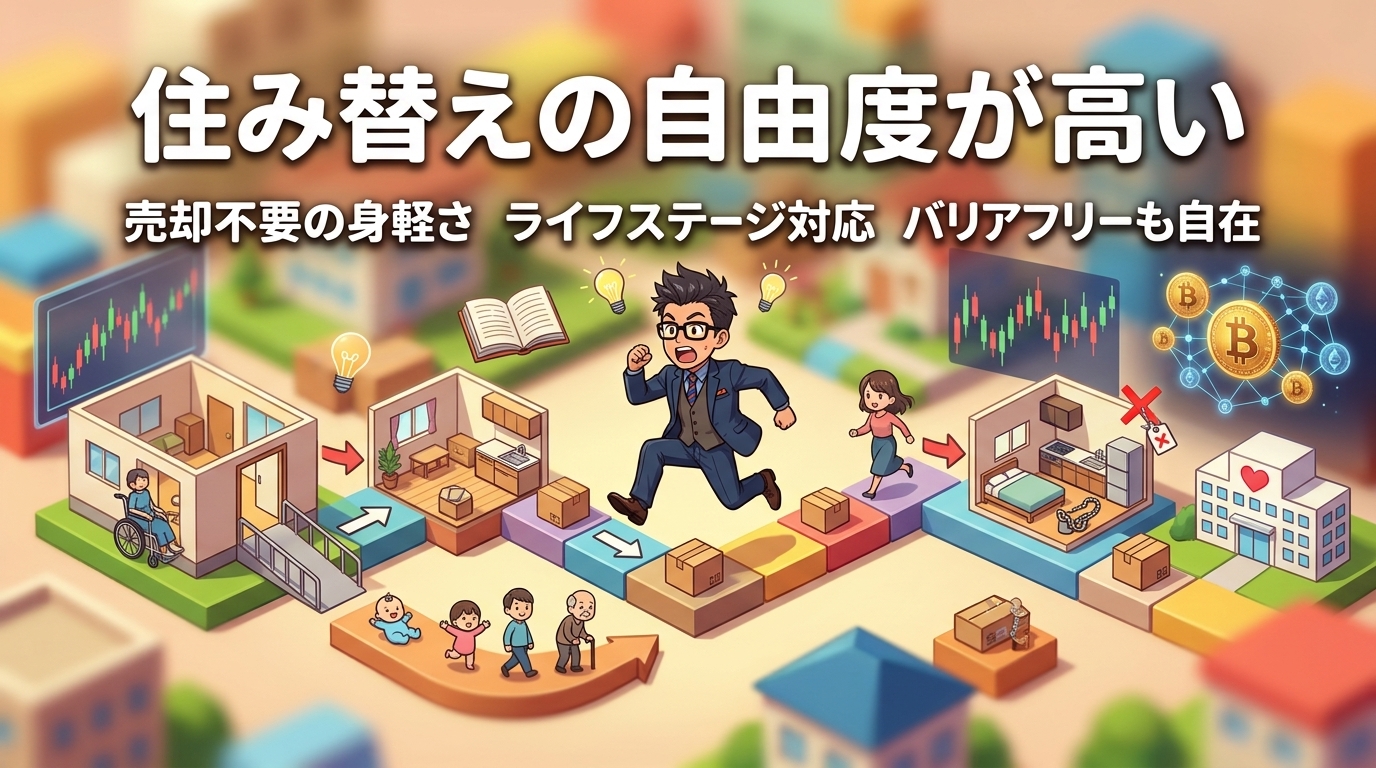 引っ越すだけで人生が変わるについて売却不要の身軽さやライフステージ対応やバリアフリーも自在などの要素を描いたイラスト