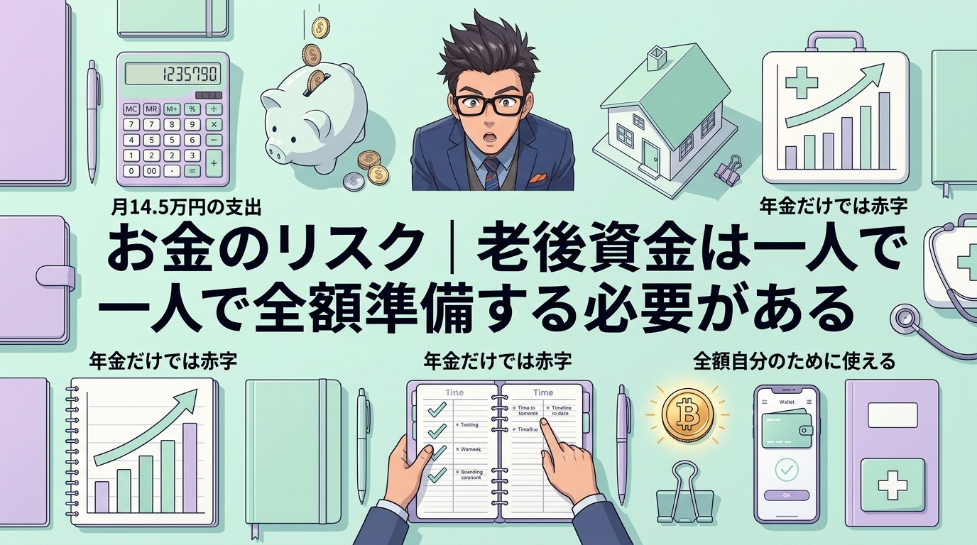 全額自分で備える覚悟、ありますか?について月14.5万円の支出や年金だけでは赤字や全額自分のために使えるなどの要素を描いたイラスト