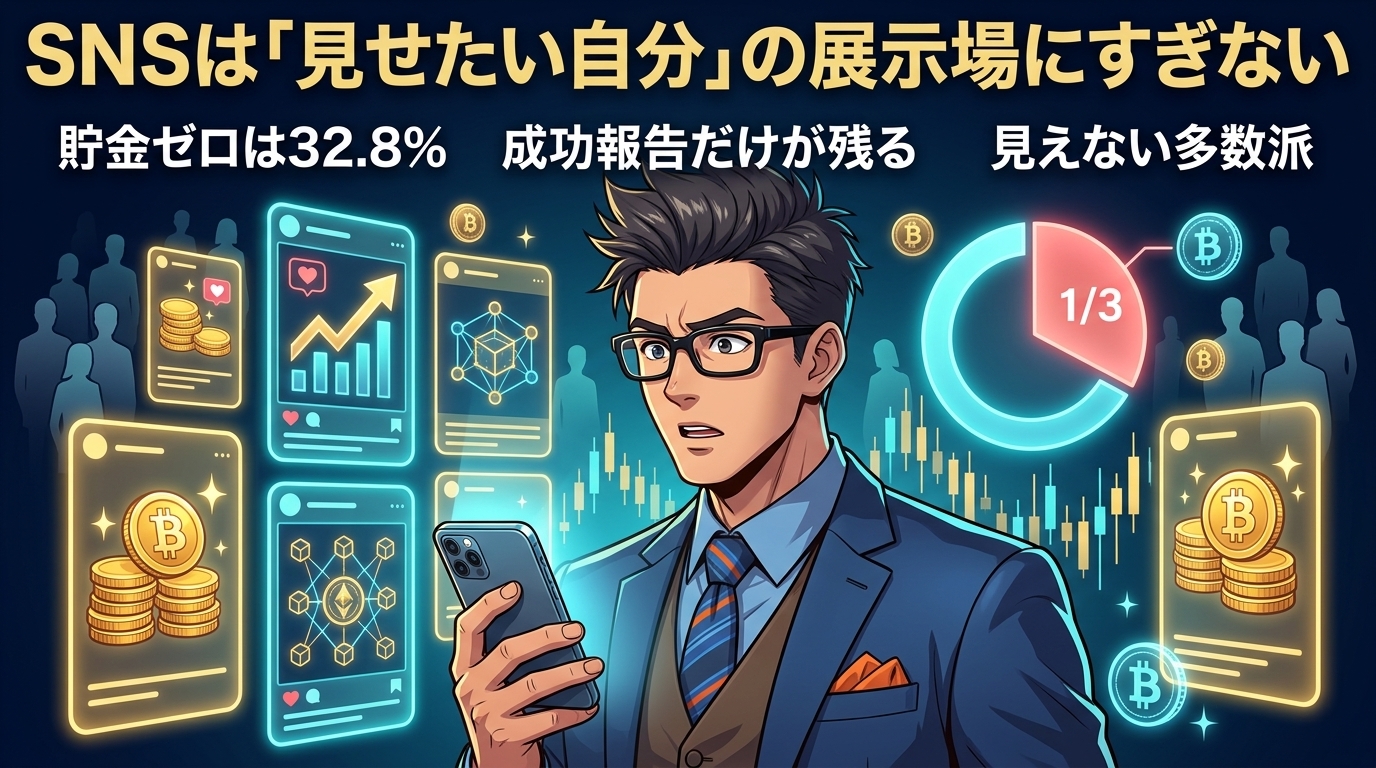 あなただけじゃない、3人に1人が同じについて貯金ゼロは32.8%や成功報告だけが残るや見えない多数派などの要素を描いたイラスト