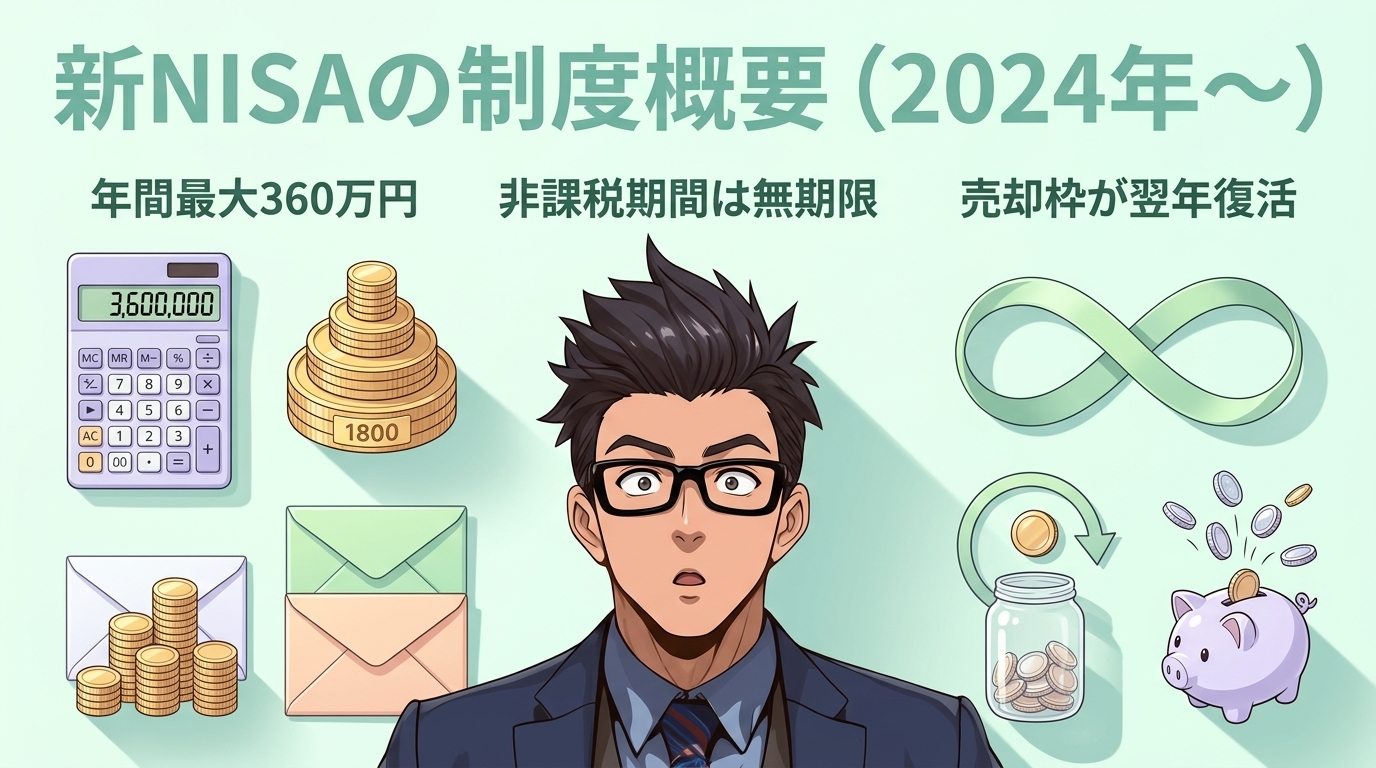 非課税で1,800万円まで育てられる時代へについて年間最大360万円や非課税期間は無期限や売却枠が翌年復活などの要素を描いたイラスト