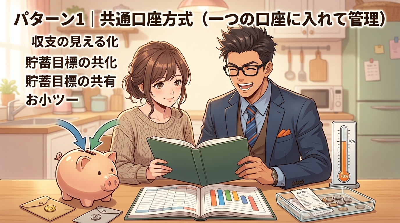 共通口座の家計管理について収支の見える化や貯蓄目標の共有やお小遣いルールなどの要素を描いたイラスト