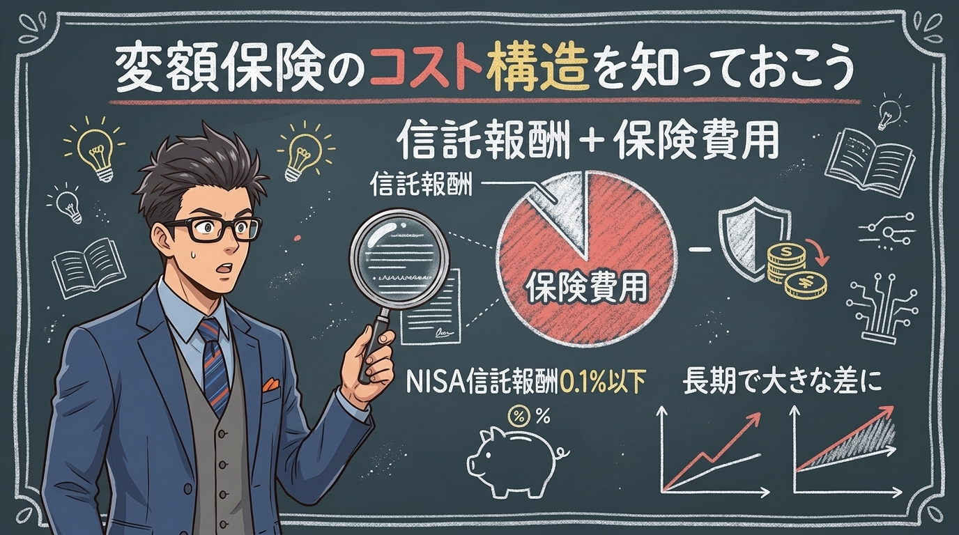 その保険、コストが二重に隠れているについて信託報酬+保険費用やNISA信託報酬0.1%以下や長期で大きな差になどの要素を描いたイラスト
