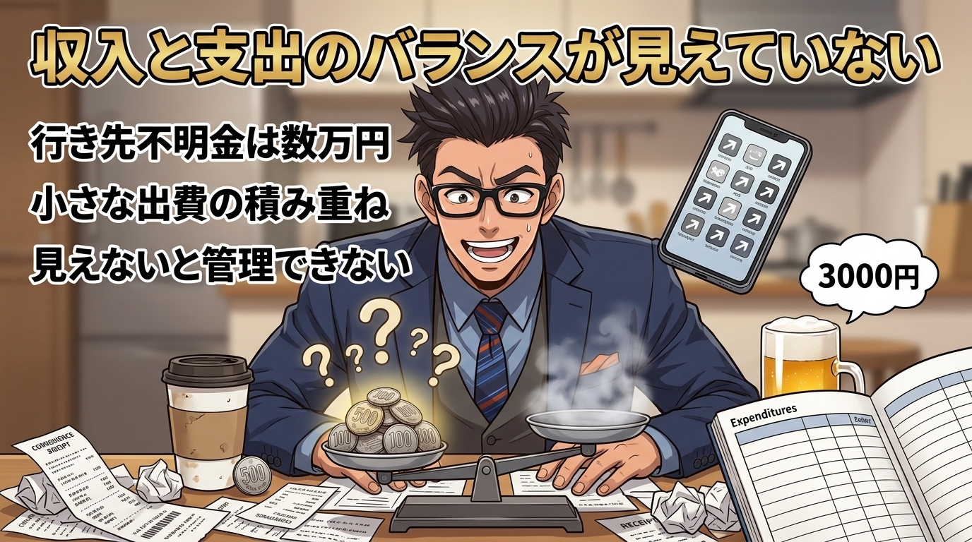 あなたのお金、毎月どこへ消えてる?について行き先不明金は数万円や小さな出費の積み重ねや見えないと管理できないなどの要素を描いたイラスト