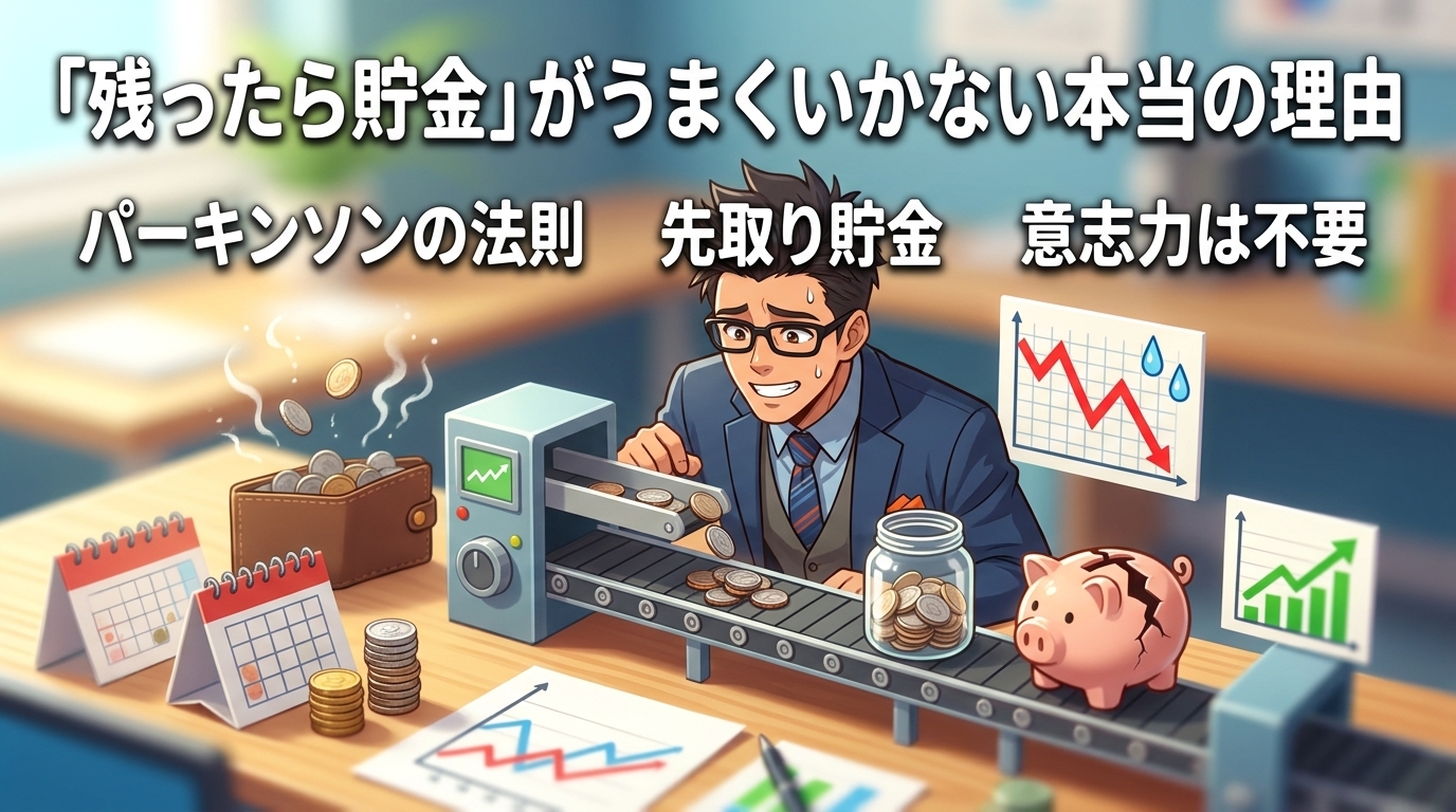 仕組みが9割についてパーキンソンの法則や先取り貯金や意志力は不要などの要素を描いたイラスト