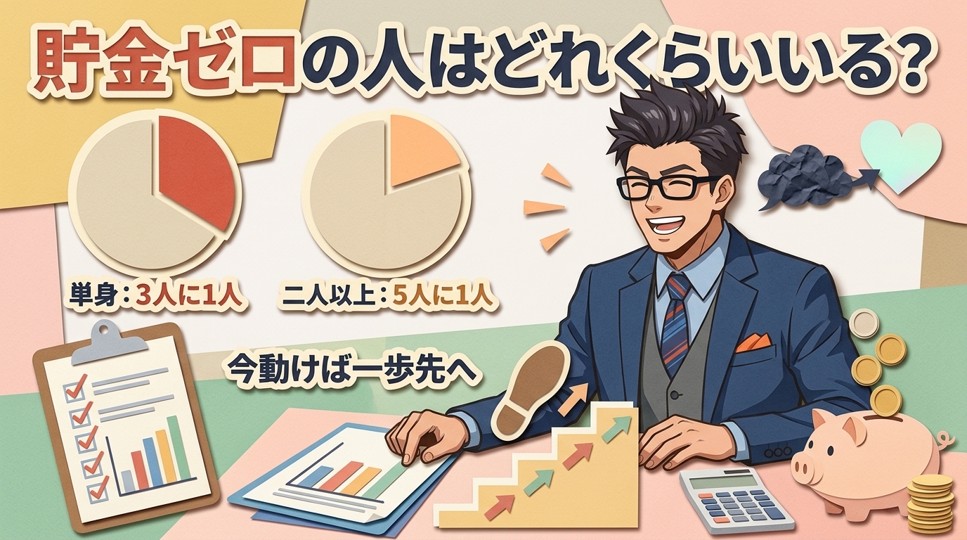 貯金ゼロ、あなただけじゃないについて単身:3人に1人や二人以上:5人に1人や今動けば一歩先へなどの要素を描いたイラスト
