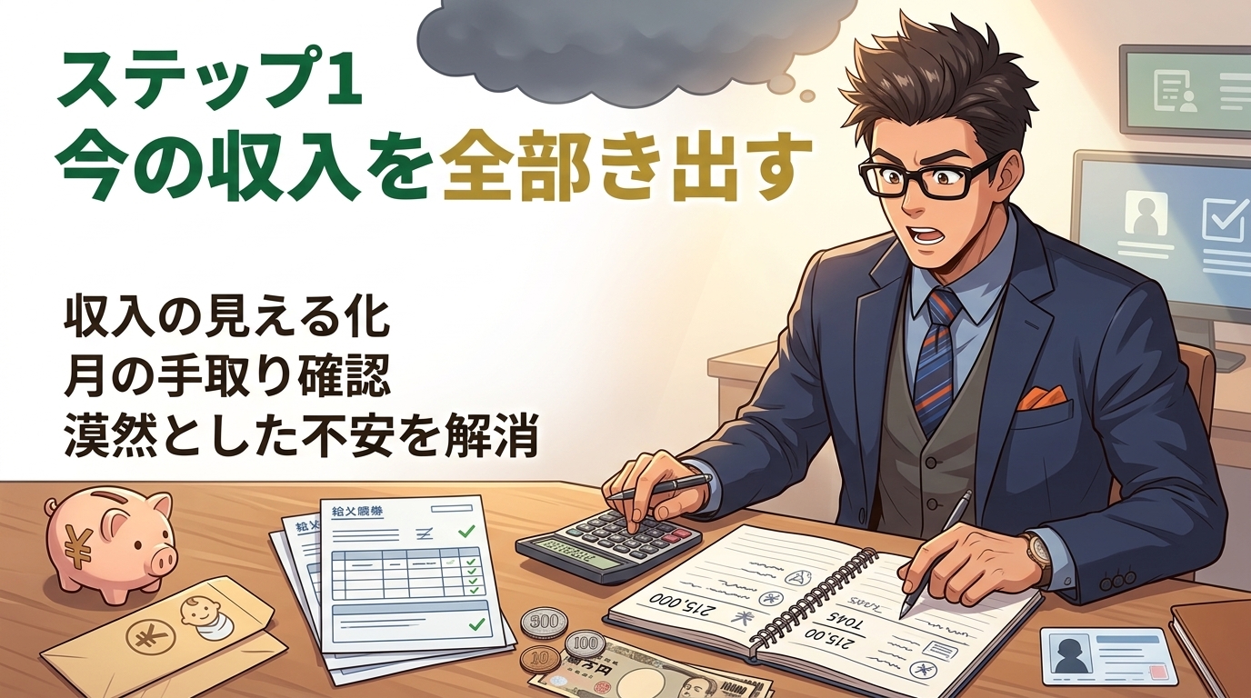 書き出すだけで不安が軽くなるについて収入の見える化や月の手取り確認や漠然とした不安を解消などの要素を描いたイラスト