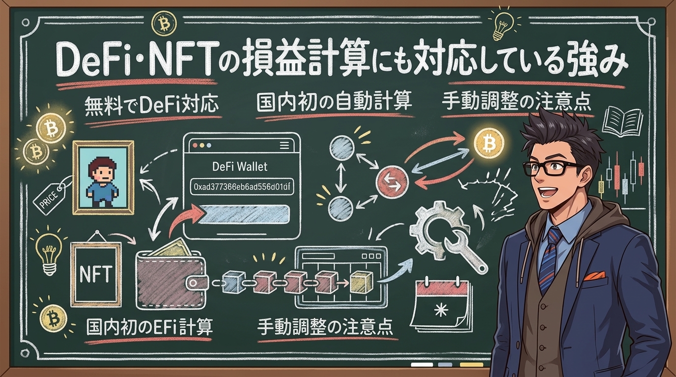 ウォレットを入れるだけで完了する時代について無料でDeFi対応や国内初の自動計算や手動調整の注意点などの要素を描いたイラスト