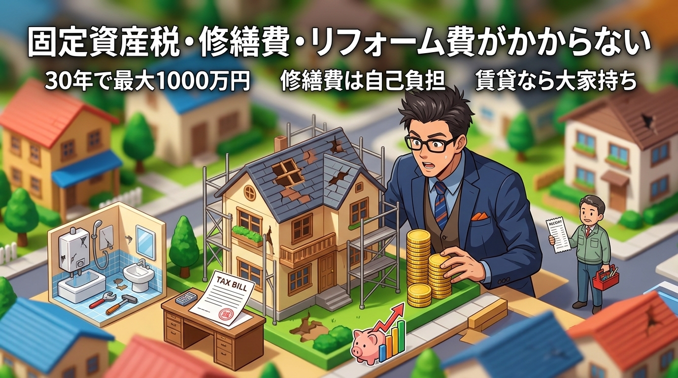 持ち家の見えないコスト、知ってる?について30年で最大1000万円や修繕費は自己負担や賃貸なら大家持ちなどの要素を描いたイラスト