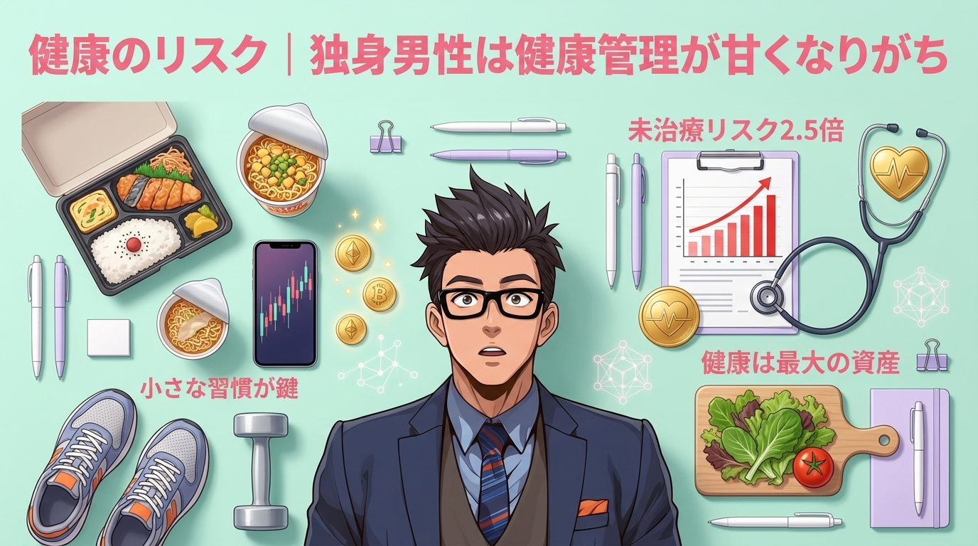 その不調、放置して大丈夫?について未治療リスク2.5倍や健康は最大の資産や小さな習慣が鍵などの要素を描いたイラスト