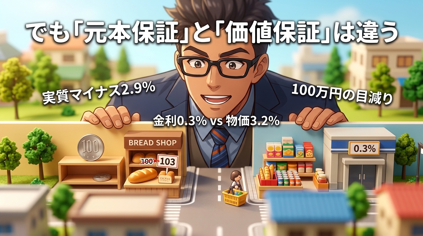 減らないのに減っているについて実質マイナス2.9%や金利0.3% vs 物価3.2%や100万円の目減りなどの要素を描いたイラスト