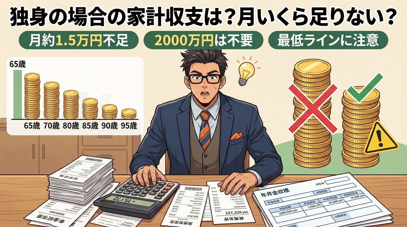 独身なら546万円について月約1.5万円不足や2000万円は不要や最低ラインに注意などの要素を描いたイラスト