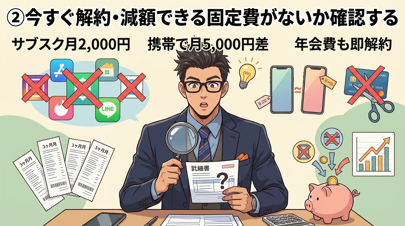 その引き落とし、必要?についてサブスク月2,000円や携帯で月5,000円差や年会費も即解約などの要素を描いたイラスト