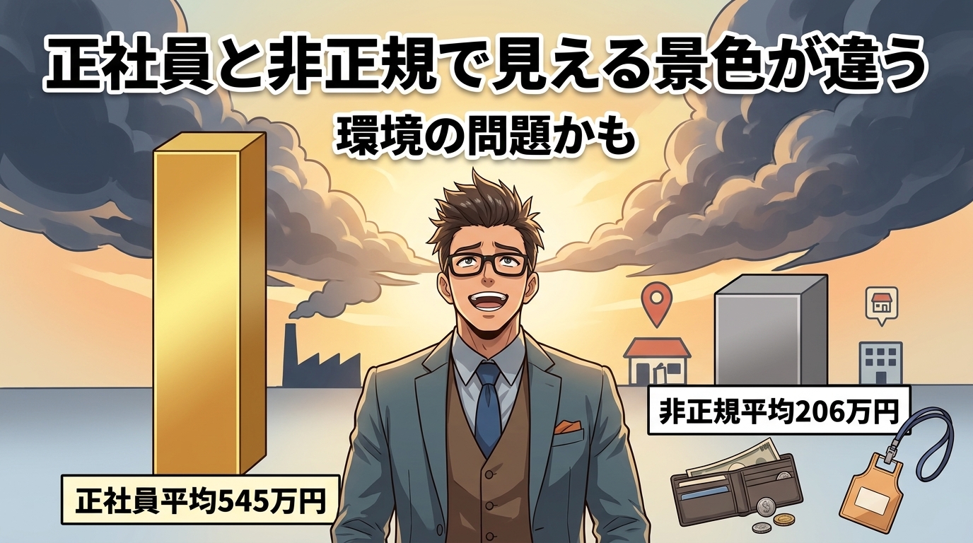 手取り13万円、あなたのせいじゃないについて正社員平均545万円や非正規平均206万円や環境の問題かもなどの要素を描いたイラスト