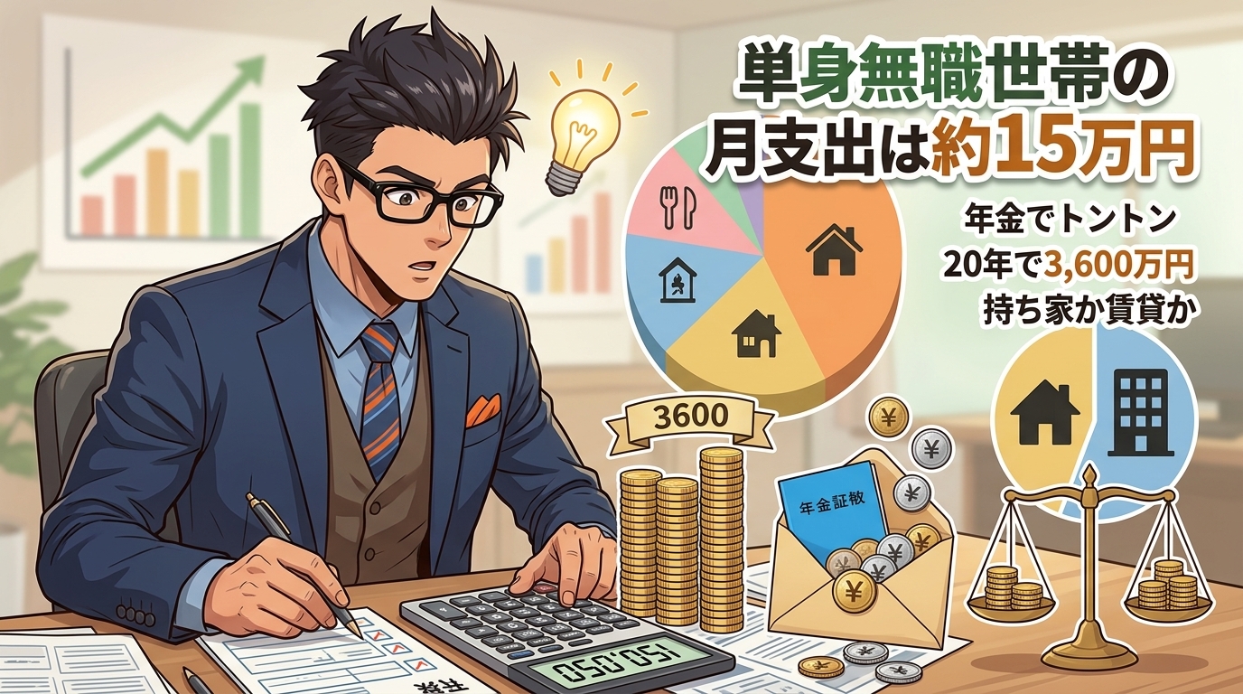 月15万円の現実について年金でトントンや20年で3,600万円や持ち家か賃貸かなどの要素を描いたイラスト