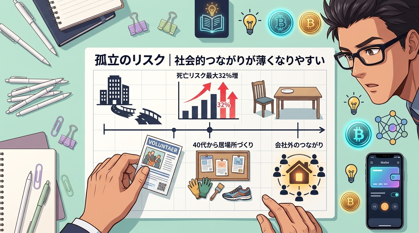 退職した瞬間、人間関係がゼロになるについて死亡リスク最大32%増や40代から居場所づくりや会社外のつながりなどの要素を描いたイラスト