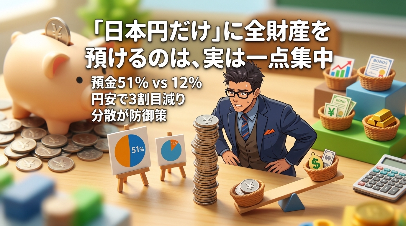 円だけで大丈夫?について預金51% vs 12%や円安で3割目減りや分散が防御策などの要素を描いたイラスト