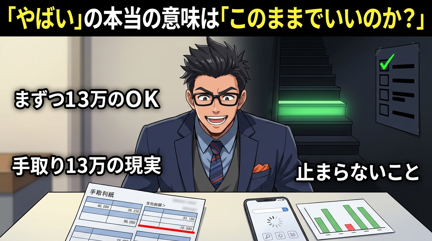 不安で検索して、それで終わってない?について手取り13万の現実やまず1つだけでOKや止まらないことなどの要素を描いたイラスト