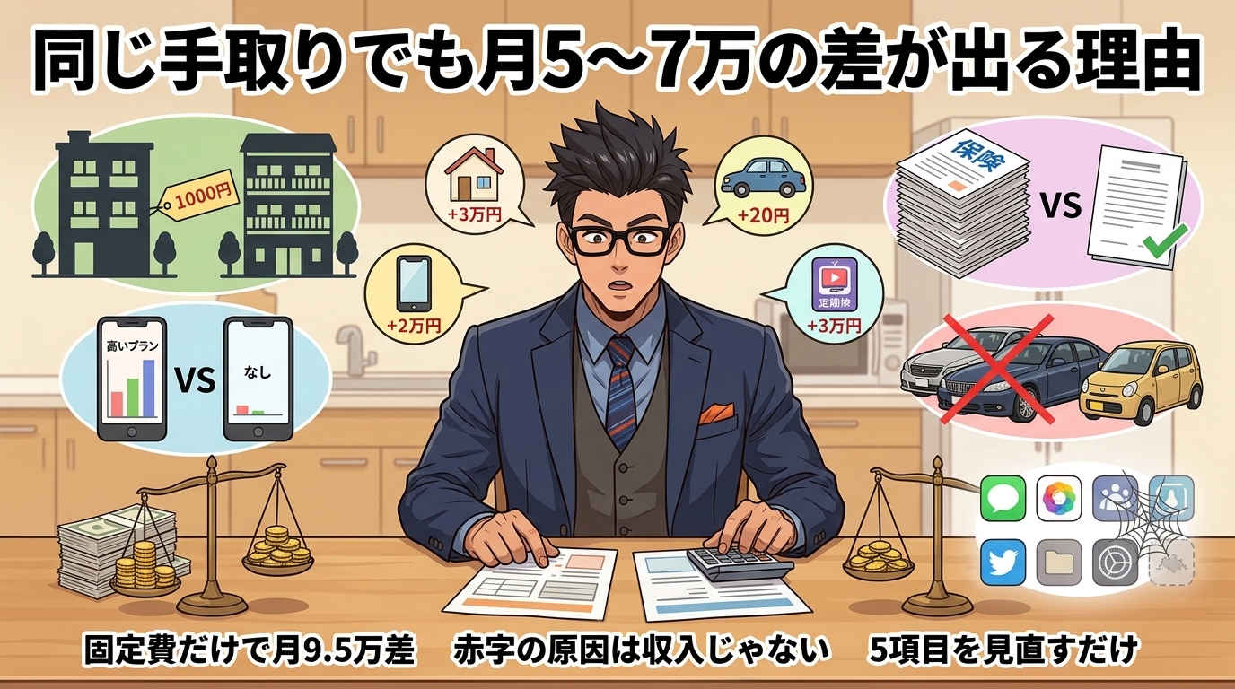 手取りは同じなのに、なぜ差がつく?について固定費だけで月9.5万差や赤字の原因は収入じゃないや5項目を見直すだけなどの要素を描いたイラスト