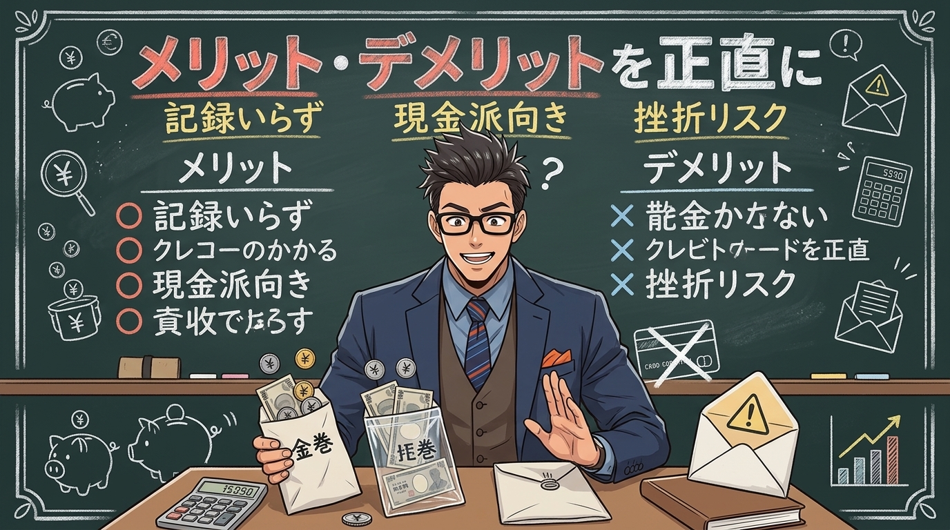 袋分けの光と影について記録いらずや現金派向きや挫折リスクなどの要素を描いたイラスト